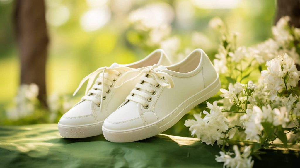 white cheap WHITIN-like barefoot sneakers next to white flowers on a green background