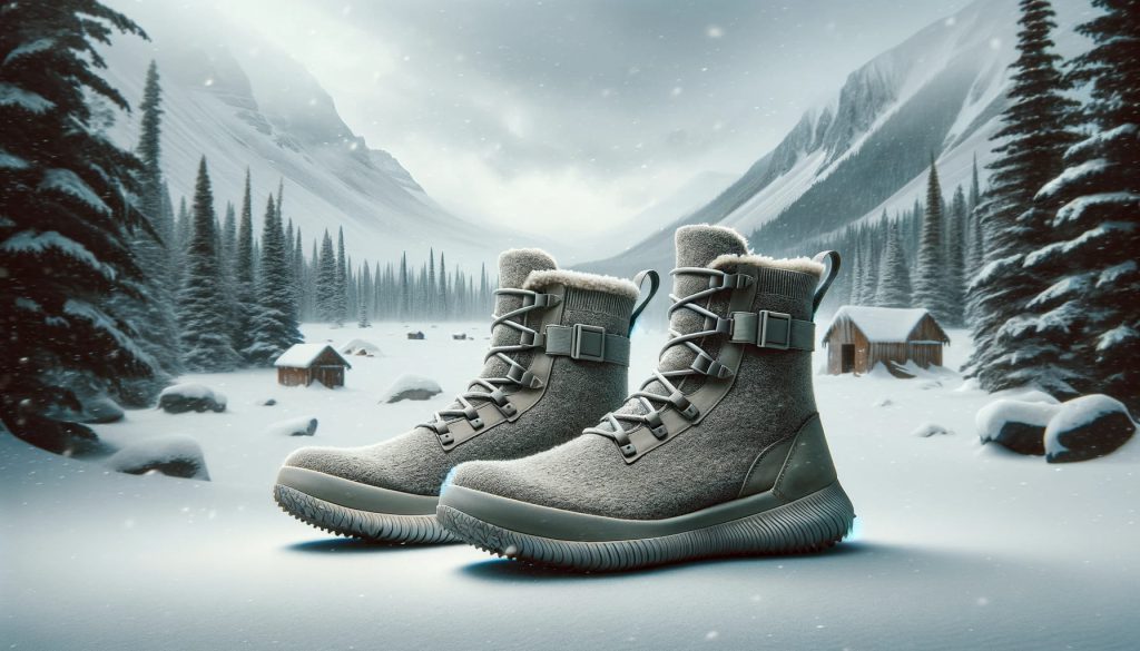 an image of barefoot minimalist boots in snow with mountains and tress covered in snow in the background